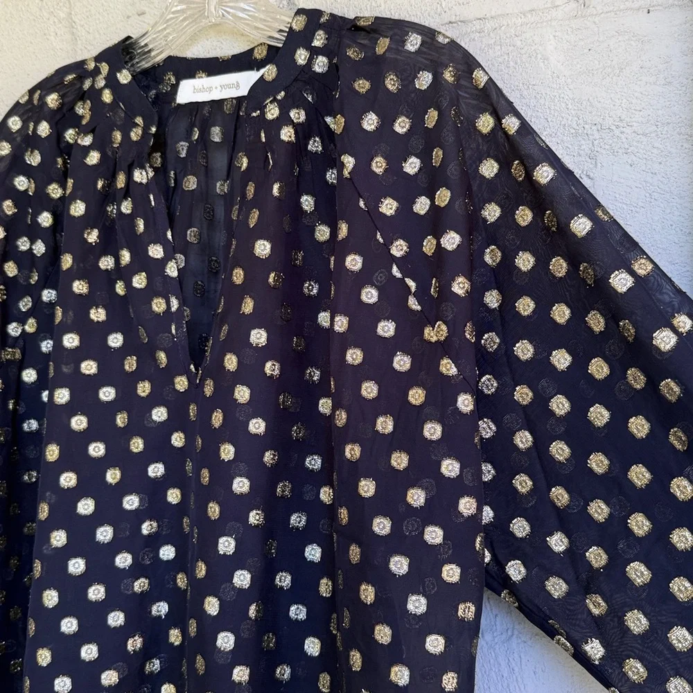 Anthropologie Bishop & Young Black Pullover Blouse w Gold Metallic Dots Medium - Picture 4 of 15